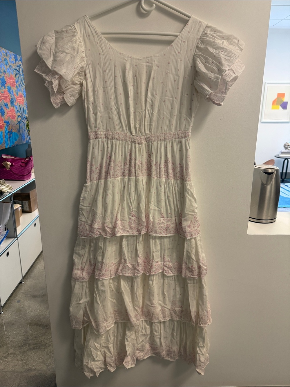 LoveShackFancy White Maxi Dress with Pink Trim